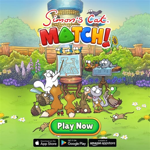 144K views · 1.3K reactions | NEW GAME > Simon’s Cat Match!  ✨ Match, decorate & bring color to Simon’s Cat’s world!  New fun activities & characters to play with!  Play now > https://simonscatmatch.com/Play Available on Apple, Google Play & Amazon app stores. | Simon's Cat | Facebook