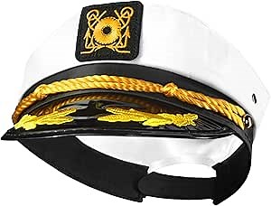 Novelty Place Embroidered Captain Hat - Adjustable White Navy Yacht Sailor Marine Nautical Hat Dress Up Accessory for Halloween, Cosplay, Themed Costume Parties - Men, Women, and Kids (1 Pc)