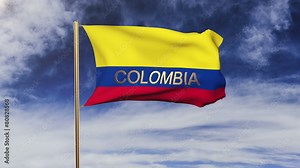 Colombia flag with title waving in the wind. Looping sun rises