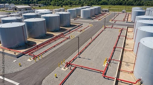 Industrial tank farm with vast storage vessels and extensive pipe network aerial view tank farm.