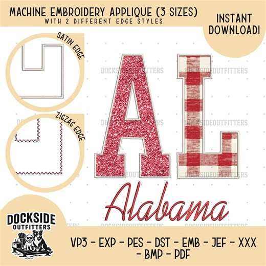 Alabama Outline Applique Design, Shape Embroidery File Bundle Size, Zigzag Satin Edges Instant Download - Etsy