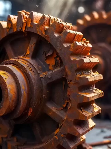 Restoring a 100-Year-Old Rusted Industrial Gear | Satisfying Metal Restoration A forgotten industrial gear covered in decades of thick orange rust and deep corrosion is finally restored. In this ultra-realistic macro restoration process, a powerful blue cleaning solution is sprayed across the entire rusted metal surface, triggering a gradual chemical reaction. Foam spreads across the gear teeth while heavy rust flakes begin cracking, peeling, and falling naturally due to gravity. As the cleaning
