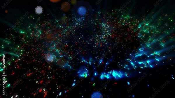 A mesmerizing explosion of neon multi-colored shimmering particles forming spirals of cosmic energy.