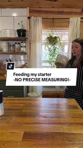Feeding your sourdough starter doesn’t have to feel like a chore and it doesn’t have to feel like a science experiment either! You definitely don’t need a scale, no fancy container, and no precise measuring! Keep it simple, that way you don’t get burnt out! Sourdough made simple. #sourdough #sourdoughstarter #tipsandtricks #tutorials #hacks