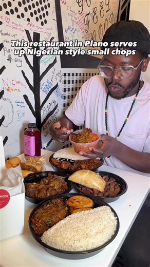 This restaurant serves up Nigerian “small chops” and dishes in DFW. What are small chops? They’re sweet & savory snacks perfect for small bites and a favorite at many African events & parties. The food is very tasty & some of the dishes are spicy so we had to wash them down with some Zobo (hibiscus/ginger drink) Get the Snack box to try some of the puff puff, meat pie, fish roll, spring roll & add mini kabob. Other items we tried: 🐐 Asun: grilled goat with jollof (spicy!!!) 🥩 Beef Suya is very