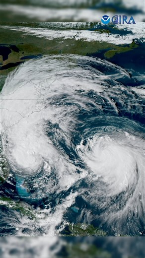 A hurricane duo dances off the United States' East Coast. A fascinating view of Hurricanes Imelda and Humberto over the 18 hours. Details: This animation contains the GeoColor product from the GOES-19 weather satellite. It spans the 18-hour period from 20:00 UTC on 2025-09-29 to 14:31 UTC on 2025-09-30. | Cooperative Institute for Research in the Atmosphere