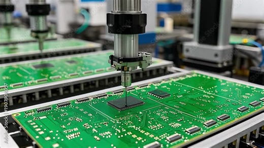Automated machine performing quality control test on multiple green electronic circuit boards, demonstrating industrial precision and technology in manufacturing