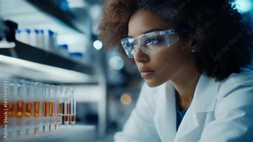 Scientist studies samples in lab and observes reactions in test tubes during research on chemistry