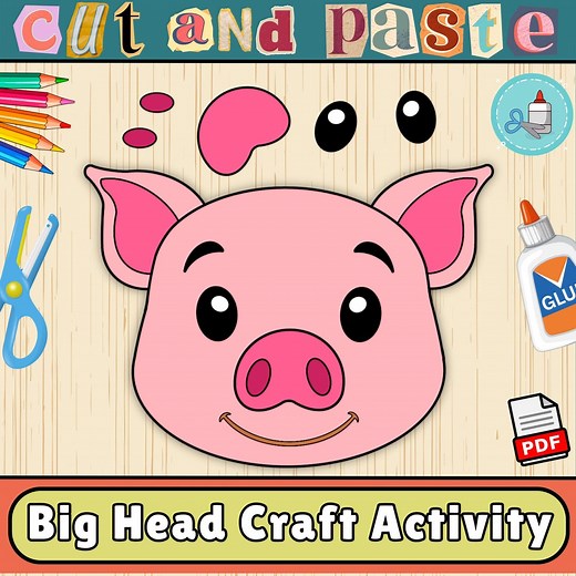Pig Head Craft Template | Farm Animal Bulletin Board Craft | Cut & Paste Activity (PDF) - Etsy