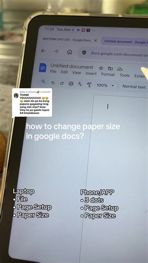 Replying to @alimonya🧸ྀི how to change paper size in google docs using laptop/tablet/app? #katep1902 #fyp #foryoupage #googledocs #tutorial #howtochangepapersizeingoogledocs