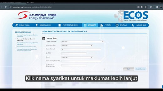 Bagaimana untuk mendapatkan senarai kontraktor elektrik berdaftar dengan Suruhanjaya Tenaga?? Mudah sahaja! Tuan/puan boleh membuat semakan di Energy Commission Online System (ECOS) di link berikut: https://ecos.st.gov.my/ms/senarai-kontraktor-elektrik-berdaftar Pastikan anda melantik kontraktor berdaftar!! #suruhanjayatenaga #EnergyCommission #ThinkSafetyThinkST #beenergysmart | Suruhanjaya Tenaga (Energy Commission of Malaysia)