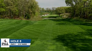 Flyover Hole 8 at Bethpage Black Par 3 | 210 yards Elevated tee to a green guarded by a pond in the front, plus large bunkers left and behind that come into play when the hole location is in the back. A towering oak and steep dune are on the right. The bank at the front of the green has been shaved, so anything short on a front hole location almost certainly will roll into the water. The green features a ridge that could serve as a backboard. | PGA Championship