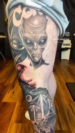 Alien/UFO leg piece in progress 👽 Limited large-scale bookings open. DM to apply.