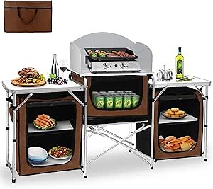 Seeutek Camping Kitchen Table, Aluminum Portable Outdoor Cooking Table, Foldable Camp Table with Windscreen and 3 Storage Cupboards Multifunctional for BBQ, Party, Picnics & Outdoor Brown