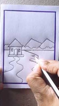 Simple Mountain Scenery Drawing with Pencil | House & River Landscape