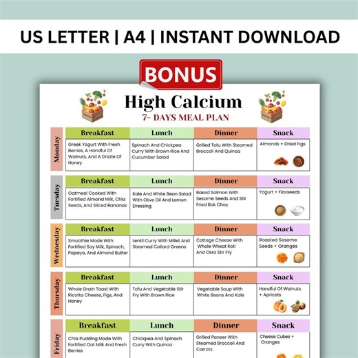 High Calcium Diet Plan | 7-day Bone Density & Health Support | Rich Calcium Foods | Dairy, Fish and Leafy Greens | Printable PDF - Etsy Australia
