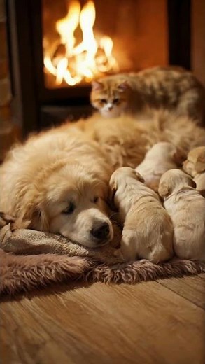 Retriever Nursing Puppies While Cat Feels Left Out Cutest Family Moment Ever #CuteAnimals