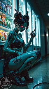 🖤 Vex: Midnight Protocol 🖤 Lurking in neon shadows, Vex locks eyes on a chip hidden beneath glowing snacks — data whispers through the corridor. She moves silent, precise, unstoppable. What do you think she’s after — secrets? power? revenge? #darkfantasy #cyberpunk #gothicart #digitalart #fantasyart #gothic #altgothic | Yukka's Fantasy Forge