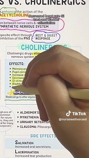 💊 Anticholinergic vs Cholinergic Meds PART 2 In part 1, we learned that these meds either prevent or enhance the action of the neurotransmitter acetylcholine, which allows communication between nerve cells and muscles and plays a key role in the PNS. ⭐️Key things to know: →PNS= REST and DIGEST →Cholinergic ENHANCING acetylcholine, therefore STIMULATING the PNS Cholinergic Effects: → Memory enhancement → Pupil constriction → Increased secretions → Decreased HR → GI tract and bladder stimulation 
