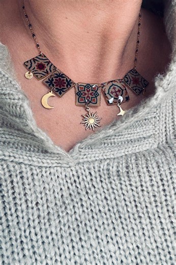 Soline: Portuguese Tile Necklace Gold |sun, Moon & Star Lisbon Necklace With Handcrafted Resin Tiles - Etsy