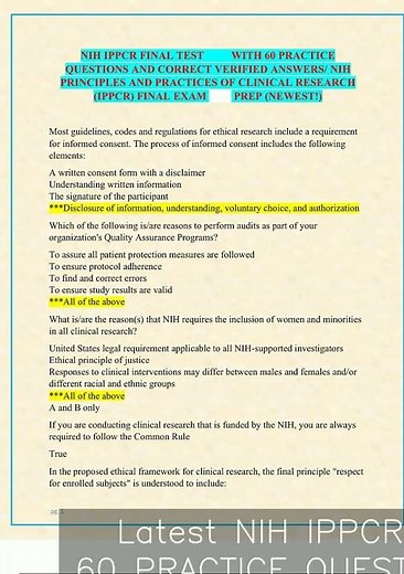 Latest NIH IPPCR FINAL TEST WITH 60 PRACTICE QUESTIONS AND CORRECT VERIFIED ANSWERS NIH PRINCIPLES A