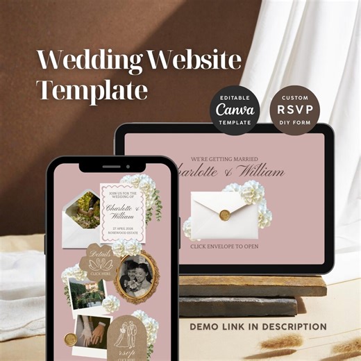 Wedding Website Template With RSVP | Pink, Brown & Gold Floral Envelope (canva, Digital Download) - Etsy