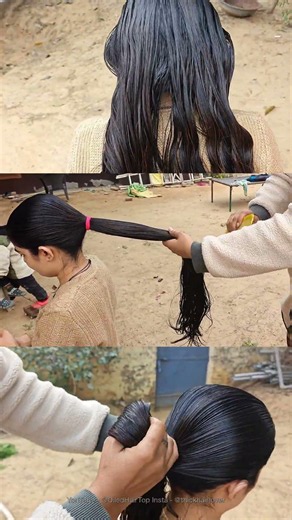 heavily oiled thick hair being combed by Sister Oiled hair combing ponytail oiled hair bun