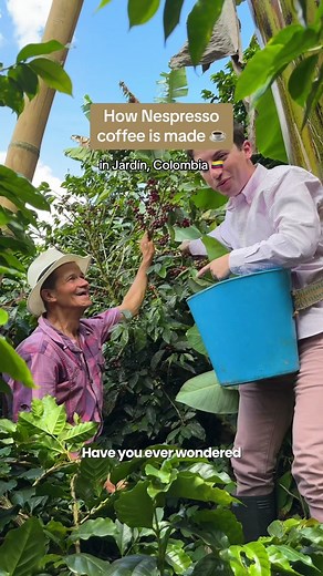 I'm in Jardin, Colombia with @Nespresso to learn how their coffee gets from bean to mug. The process starts with the beans grown on trees at farms like this one here in Colombia. Don Ruben is one of the hundreds of farmers growing coffee cherries for Nespresso. Picking them straight from his trees is literally one of the coolest things I’ve ever done. I can’t begin to explain how steep the hills are that his trees are planted on. After, we went back down the mountain to another farmer’s home to 