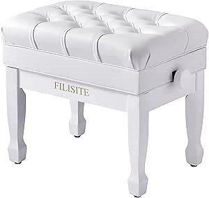 Adjustable Height Piano Bench with Storage, Heavy Duty Solid Wood Piano Stool Keyboard Bench with PU Leather Padded Cushion(White)