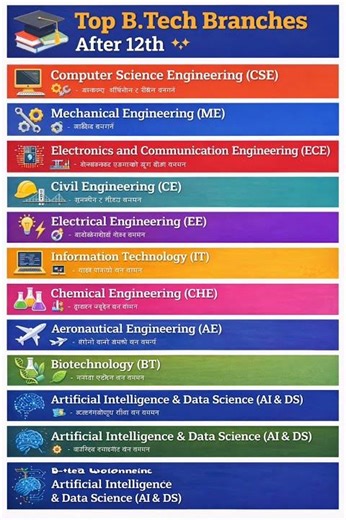 Top B.Tech All Branches After 12th | Best Engineering Courses | #btech #engineering #btechbranches