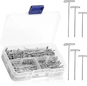 300Pcs T Pins, 1 Inch, 1.5 Inch, 2 Inch, Three Sizes T Shape Sewing Pins with Clear Box for Sewing, Blocking, Wig Making and Crafts