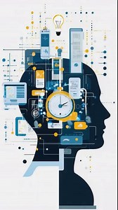 Human head silhouette containing internet of things and time management symbols generating a bright idea