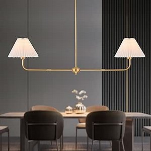 Gold Linear Chandelier, 2-Light Modern Chandelier for Dining Room Light Fixture, Kitchen Island Lighting with White Fabric Shade Linear Pendant Lights for Restaurant, Living Room, Bedroom