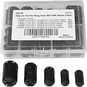Clip-on Ferrite Ring Cores EMI RFI Signal Noise Filter Noise Suppressor for HDMI USB Power Cable Diameter 3mm/5mm/7mm/9mm/13mm,5Size,22Pcs