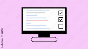 Computer monitor displaying a checklist with a tick mark animated on a pastel pink background.
