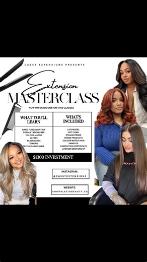 💇‍♀️ Ready to Elevate Your Hair Game? 💇‍♀️ Cassy Extensions classes are back! offering one-on-one Extension Masterclasses designed to take your skills and career to the next level! 🔥 Whether you’re just starting or looking to refine your technique, this hands-on course covers it ALL! ✨ What You’ll Learn: ▫️Basic Fundamentals ▫️Consultation Prep ▫️Colour Matching ▫️Layering & Placements ▫️Styling for Texture & Fine Hair 🎁 What’s Included: ▫️Live Model ▫️Hot Comb Straightener ▫️Kenra Products 