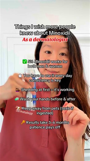 Things I wish more people knew about minoxidil as a dermatologist: ✅ 5% works for both men and women — don’t waste time with weaker versions 🌀 Foam is FDA-approved for women once daily, but the liquid also works (it’s just labeled for men) ⏰ You have to use it daily — consistency is everything 💇‍♀️ Shedding in the beginning doesn’t mean it failed, it means it’s working 🐶 Keep it away from pets (toxic if ingested) ⌛ Real results take 3–6 months — patience is part of the process Hair growth tre