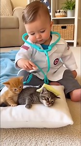 103K views · 1.9K reactions | "The mini veterinary clinic is open! Little Doctor is checking the kitten patient's heartbeat ." 藍 The confident smile of the doctor and the 'bored' look of the tabby kitten. Too cute! #MiniDoctor #familygathering #funnyvideos #cutebaby #babyandkitten | TICA | Facebook