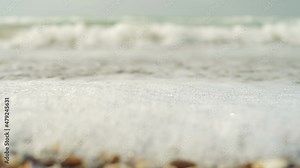 Seashells close-up on the beach. Sea waves and sea foam on the beach. Beach vacation concept. Beach of seashells. Selective focus. 4K video, place for text