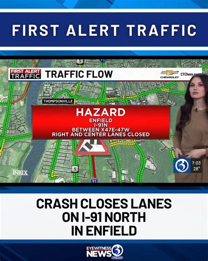 FIRST ALERT TRAFFIC: A tractor trailer crash has closed lanes on I-91 in #Enfield. | WFSB - Channel 3 Eyewitness News