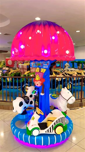 A magical mini carousel with pink and blue mushrooms plus the cutest cow, horse, and car ever 🐄🐎🚗
