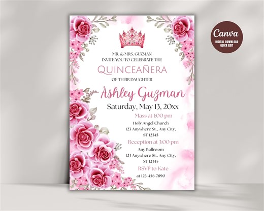 Pink Floral Roses Quinceañera Invitation Template, Blush Sweet 15 Mis XV (digital Download) - Etsy