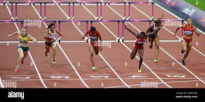 NO FILM, NO VIDEO, NO TV, NO DOCUMENTARY - Sally Pearson of Australia in Lane 7 wins the woman's 100m hurdles ahead of the USA's Dawn Harper in Lane 4 at Olympic Stadium, during the 2012 Summer Olympic Games, in London, UK, Tuesday, August 7, 2012. Pearson won the gold medal, Harper the silver and the USA's Kellie Wells in Lane 5 won the bronze. The USA's Lolo Jones in Lane 2 finished fourth. Photo by Chuck Myers/MCT/ABACAPRESS.COM Stock Photo - Alamy