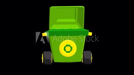 Cartoon green recycling trash bin floating animation with sustainability theme looping on white background, green screen, overlay, and alpha matte clips with the same duration. 3d render.