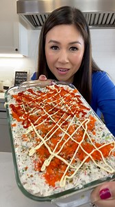 Save and Share my recipe for Shrimp and Crab Sushi Bake! I made a full feast for my friends for the same and chose a Sushi bake because they never had my version before. The ingredients are 1 cup chopped crab, 1/2 pound chopped shrimp, 1/4 cup sliced green onions, 4oz’s cream cheese, 1/3 cup kewpie mayo, 1/2 tsp salt, 1/2 tsp back pepper and 1/2 tsp garlic powder. For the base it was 4 cups cooked short grain rice, 2 tbsp sesame oil, 2 tbsp rice vinegar, 2 tbsps furikake. Mix the rice, add to a 