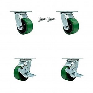Polyurethane on Cast Iron Swivel Top Plate Casters Set of 4 Heavy Duty with 4 Inch Green Wheels - Includes 2 Swivel with Bolt on Swivel Locks and 2 Swivel with Brakes - Service Caster Brand