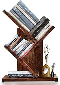 3-Tier Small Tree Bookshelf - Narrow Wooden Floor Standing Bookcase for Small Spaces - Modern Book Shelf Organizer for Bedroom, Living Room, Home Office, Corner, Thin Rustic Brown Bookshelves