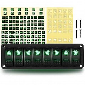 GOOACC 8 Gang Rocker Switch Panel 5Pin On Off Toggle Aluminum Holder 12V 24V Dash Pre-Wired Green Backlit Switches for Automotive Cars Marine Boats RVs Truck, 2 Years Warranty