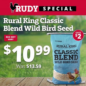 Try our very own made in the USA brand of Rural King Classic Blend Wild Bird Seed! Get a 40-pound bag for just $10.99 now through 2/1/23 or while supplies last! | Rural King