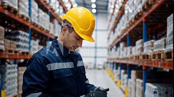 Warehouse worker scanning inventory with laser scanner for efficient logistics and supply chain management in a modern, organized distribution center